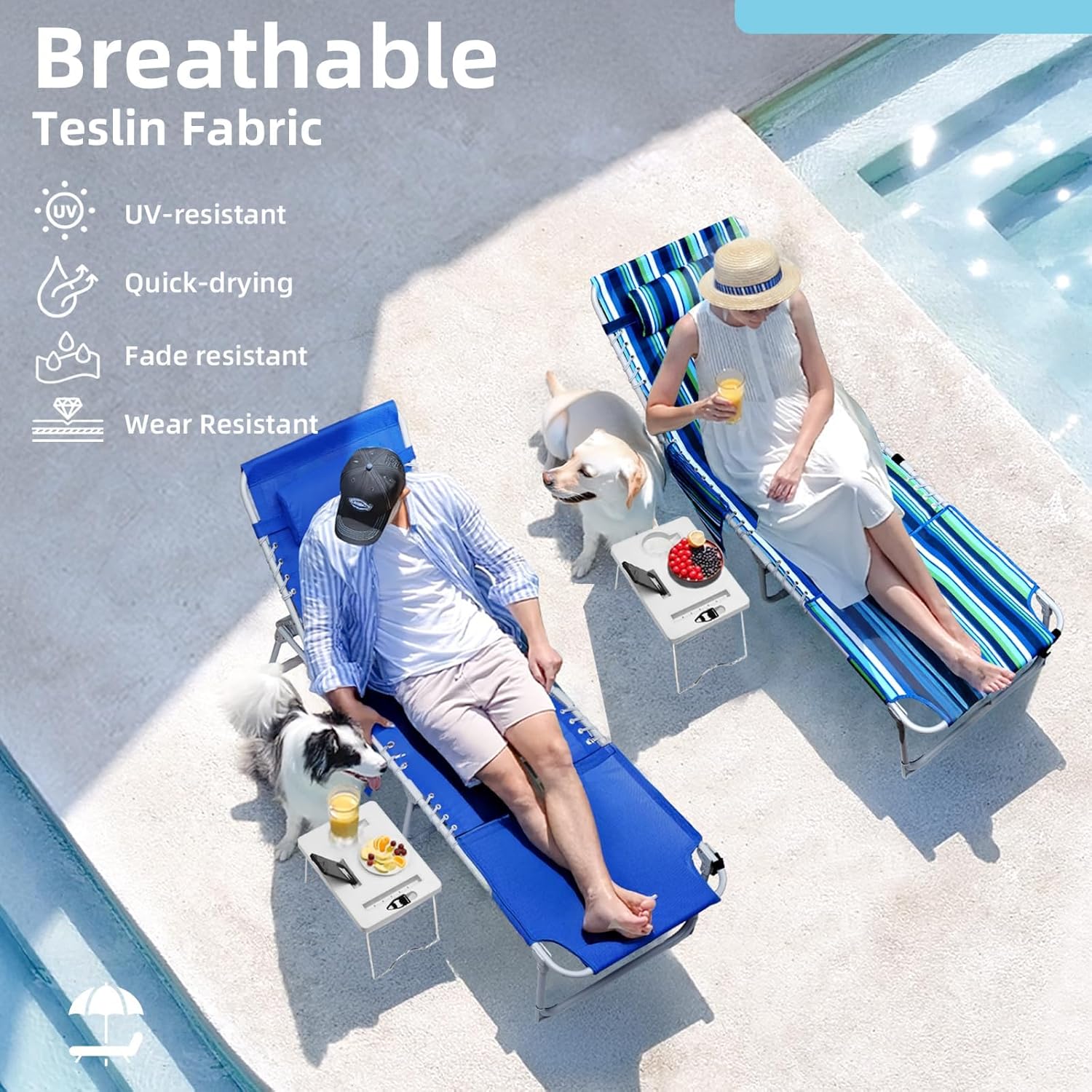 3-in-1 Outdoor Sun Tanning Lounge Chair with Face Hole – 5-Position Recliner, Folding Side Table & Removable Pillow, 330lbs Capacity, Blue