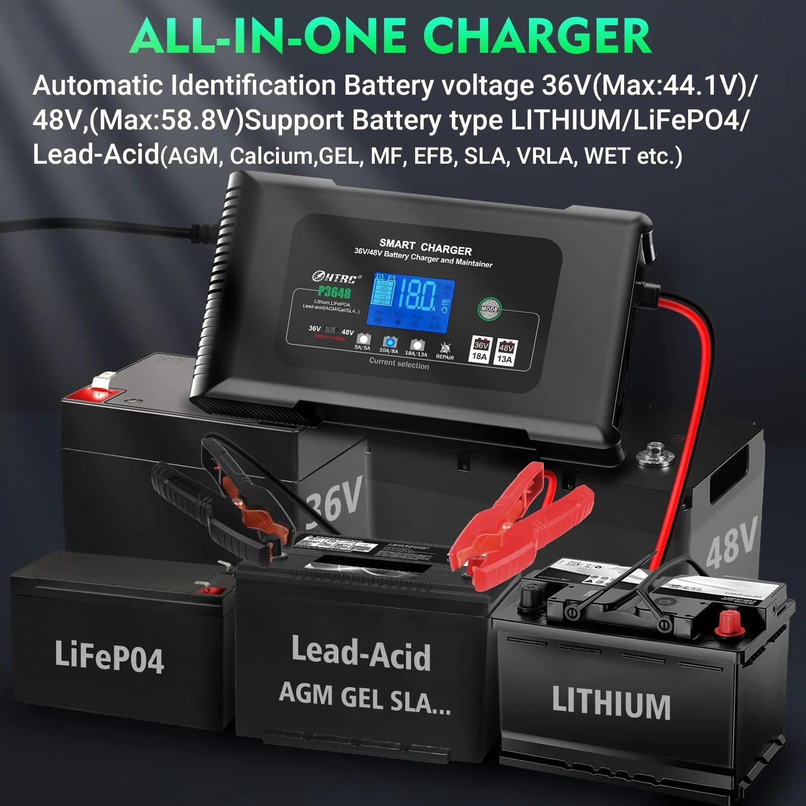 36 Volt Golf cart Charger 18-Amp Smart Charger, Car Battery Charger,Trickle Charger,36V,18-Amp and 48V,13-Amp,Lithium,LiFePO4,Lead-Acid AGM/Gel/SLA.Battery Charger, for EZGO TXT,Car, Boat.