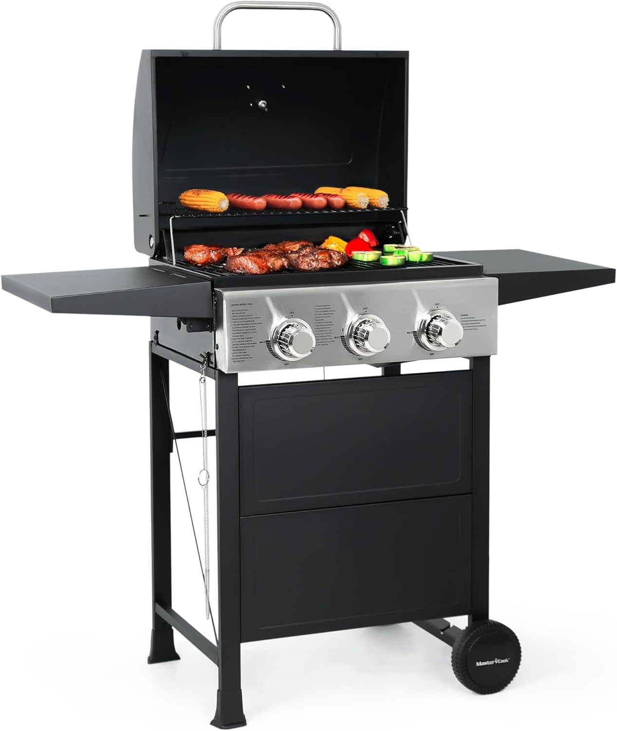 3 Burner BBQ Propane Gas Grill, Stainless Steel 30,000 BTU Patio Garden Barbecue Grill with Two Foldable Shelves