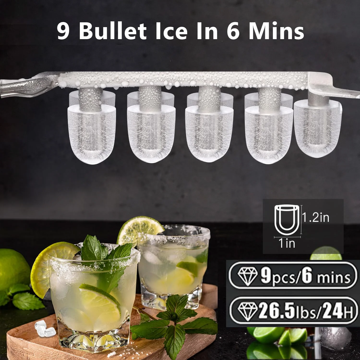 2026 Joy Pebble Bullet Ice Maker Countertop with Handle,9 Bullet Ice Cubes Ready in 6 Mins,26Lbs/24H, Self-Cleaning Portable Ice Machine with Basket and Scoop, for Home/Kitchen/Camping/RV