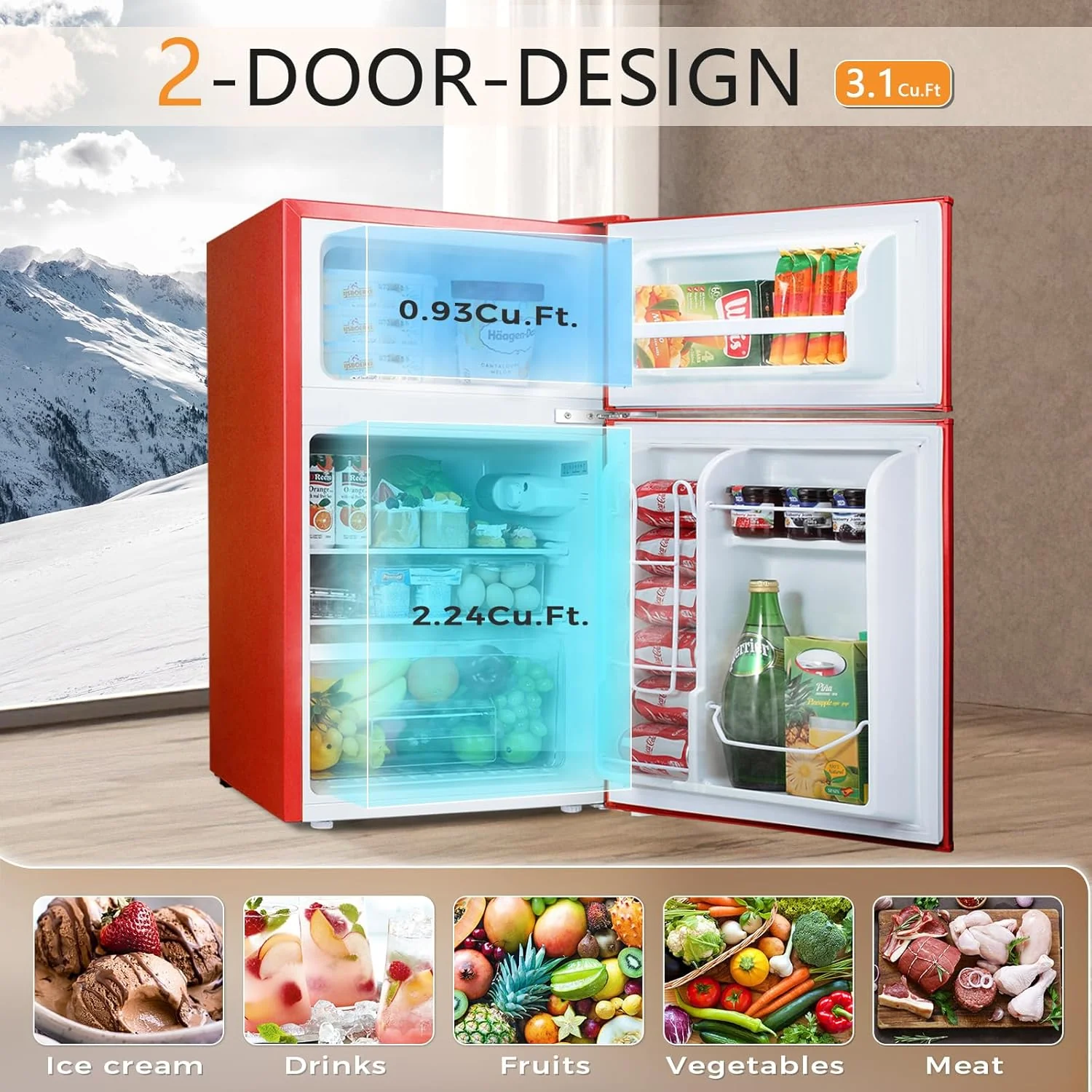 2026 Antarctic Star Compact Mini Refrigerator Separate Freezer, Small Fridge Double 2-Door Adjustable Removable Retro Stainless Steel Shelves Living room/Kitchen/Dorm/Office 3.2 cu ft.Green