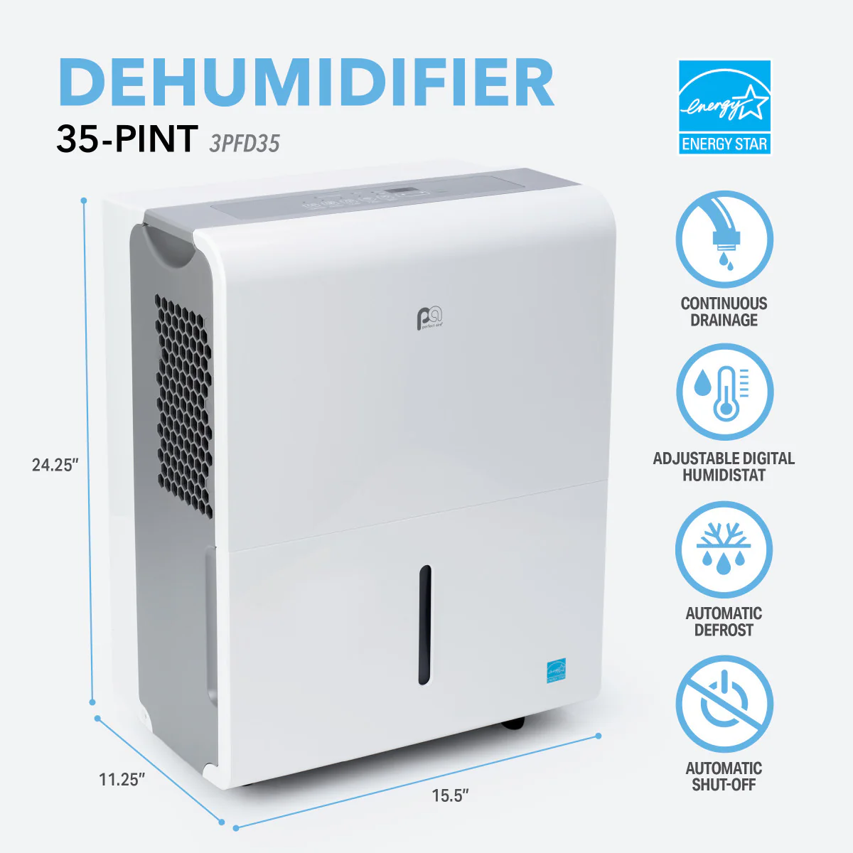2026 35-Pint ENERGY STAR Dehumidifier With Continuous Drainage, Ultra-Quiet Operation - Ideal for Medium-Sized Rooms & Basements