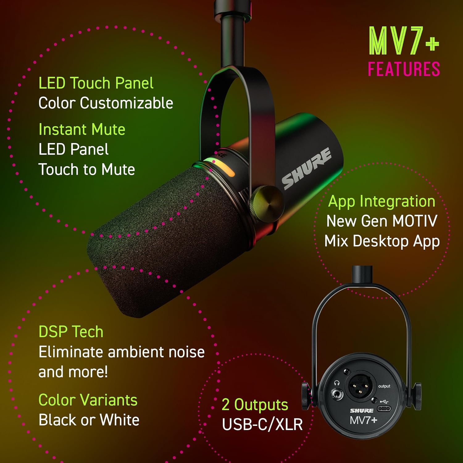 Mv7+ Podcast Dynamic Microphone – USB-C, XLR, Auto Level