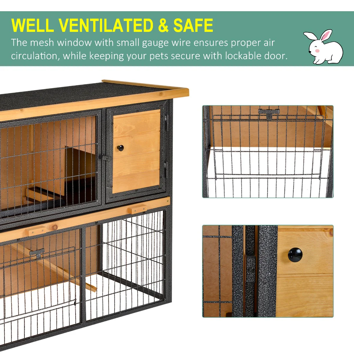 Pawhut Rabbit Hutch Light Yellow & Black for 2-4 Rabbits