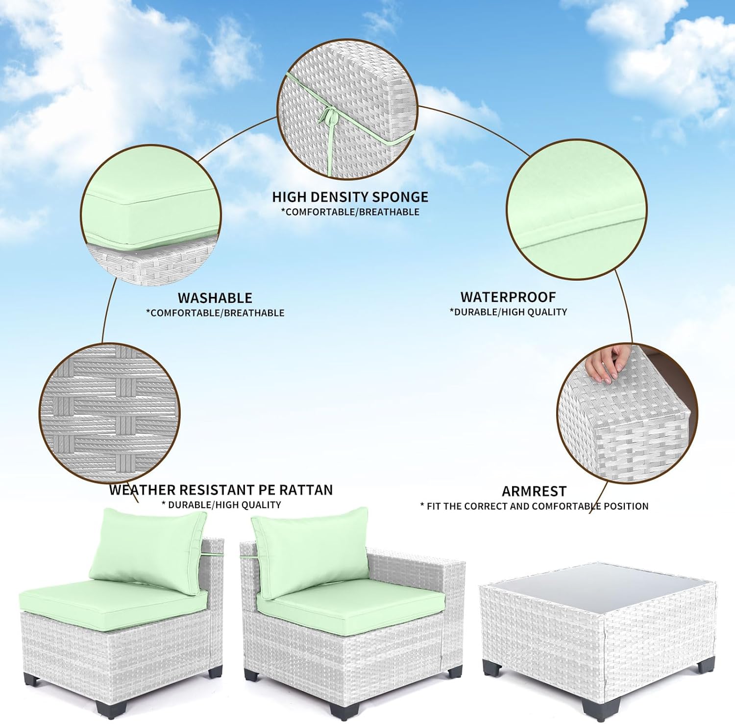 7 Pieces Rattan Patio Furniture Set with Tea Table