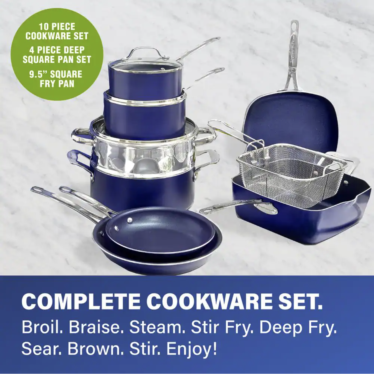 Granitestone Classic Blue 20-Piece Aluminum Ultra-Durable Non-Stick Diamond Infused Cookware and Bakeware Set?? Last Day For Clearance