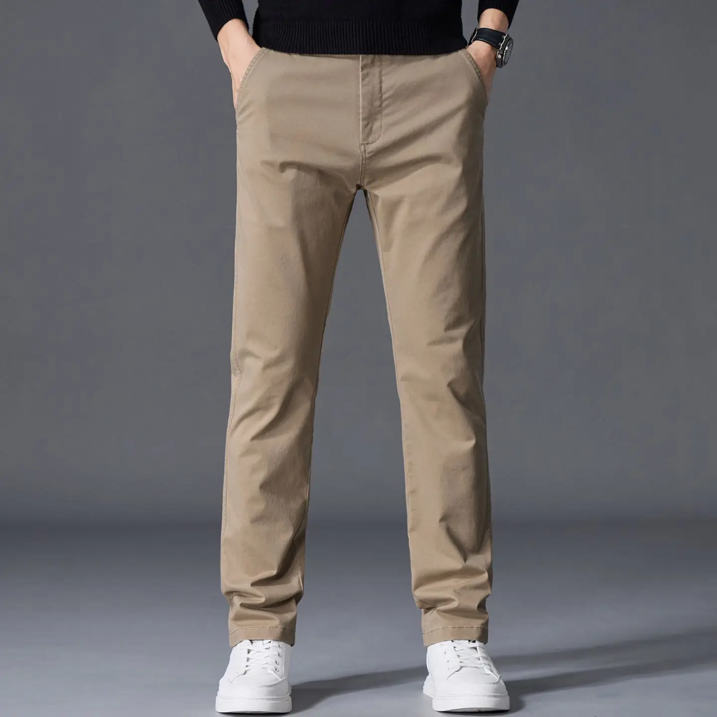 Autumn Men's Cotton Pants Classic Straight Elastic Casual Solid Color Business Trousers Fashion Soft Comfortable Clothes Pants