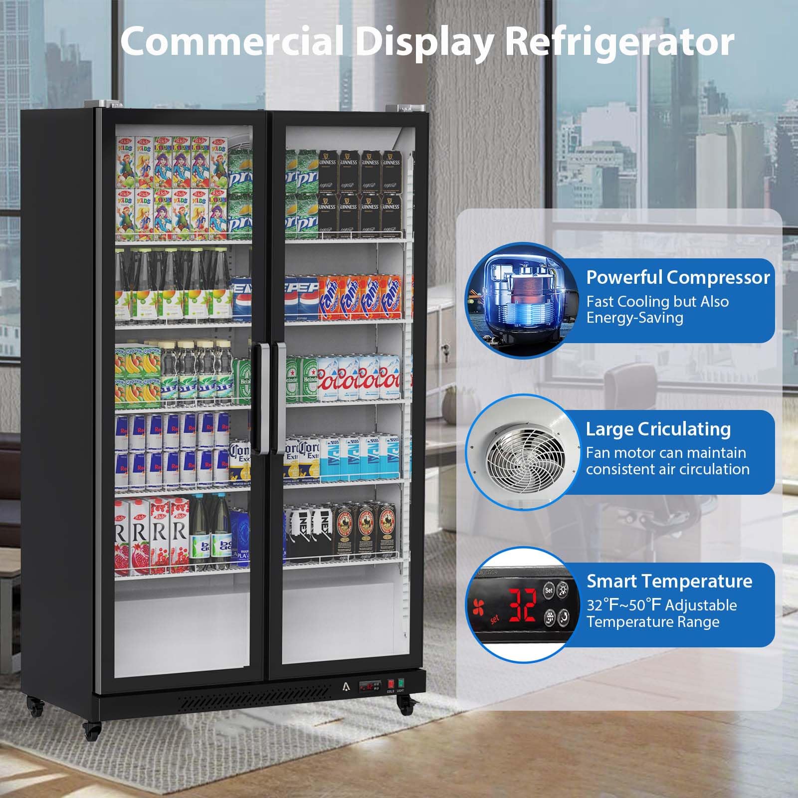 2026 Commercial Refrigerator, Glass Door with LED Lighting – Upright Beverage Display Cooler for Home, Store, Gym, or Office, Featuring Double Swing Doors and 39 cu.ft