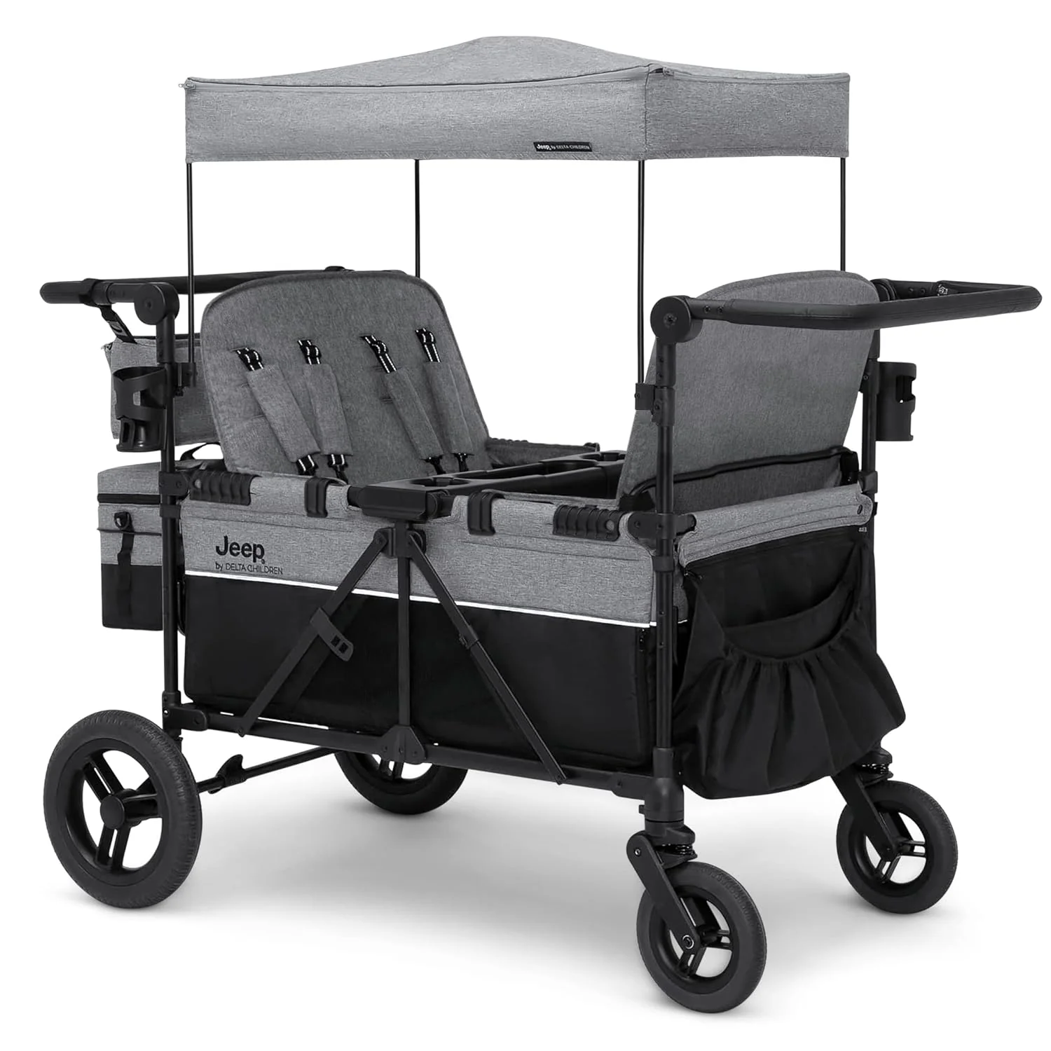4 Seater Stroller Wagon- Premium Quad Stroller Wagon for 4 Kids with Convertible Seats, Adjustable Push/Pull Handles, Removable Canopy & Flat Fold, Grey