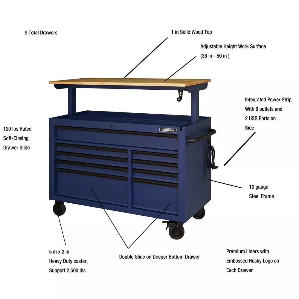 2026 Heavy-Duty 52 in. 9-Drawer Mobile Workbench with Adjustable-Height Solid Wood Top in Matte Blue