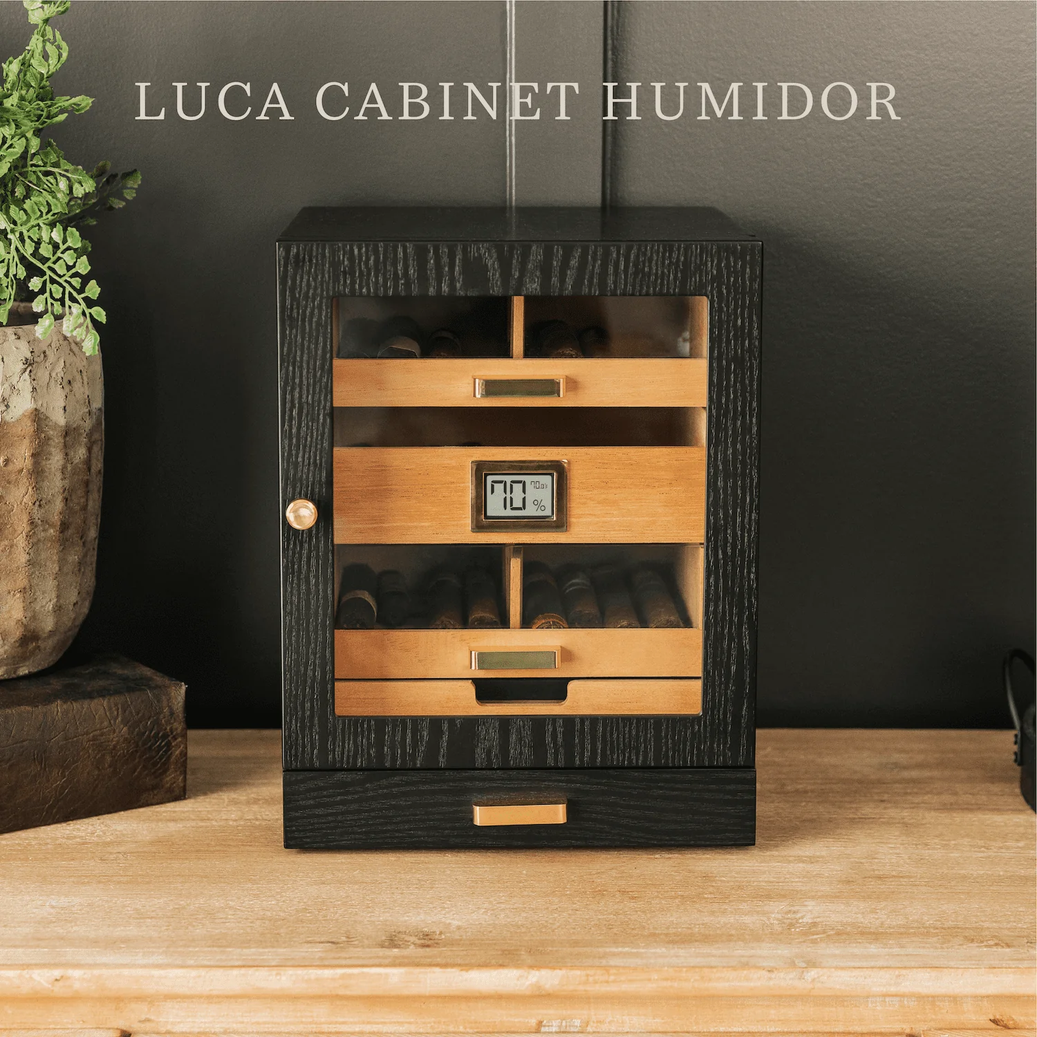 The Luca – Luxury Black Ash Cigar Humidor Cabinet with Gold Accents