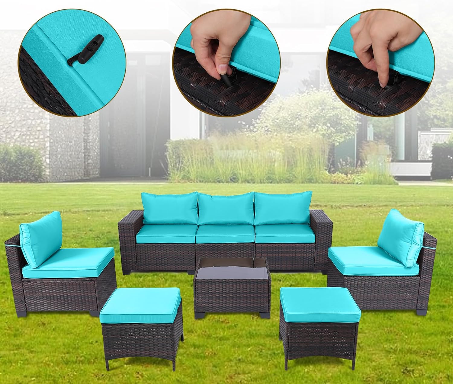 7 Pieces Rattan Patio Furniture Set with Tea Table