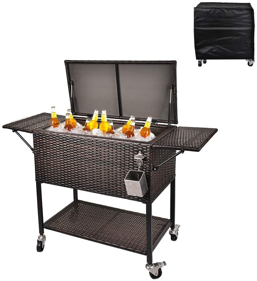 2026 80 Quart Rattan Rolling Cooler Cart, Portable Wicker Cooler Trolley, Backyard Party Drink Beverage Bar