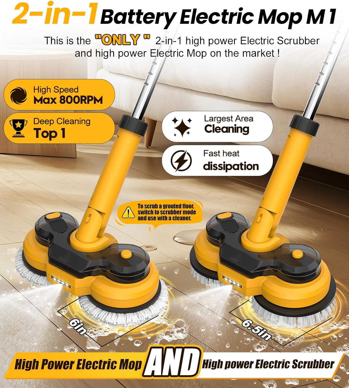 6000mAh Battery Electric Mop M1. 800RPM Cordless Electric Power Scrubber & Mops for Floor Cleaning. Best Automatic Spin Mops with Smart Display.Rotating Mop with LED Light & Water Spray-qimedo
