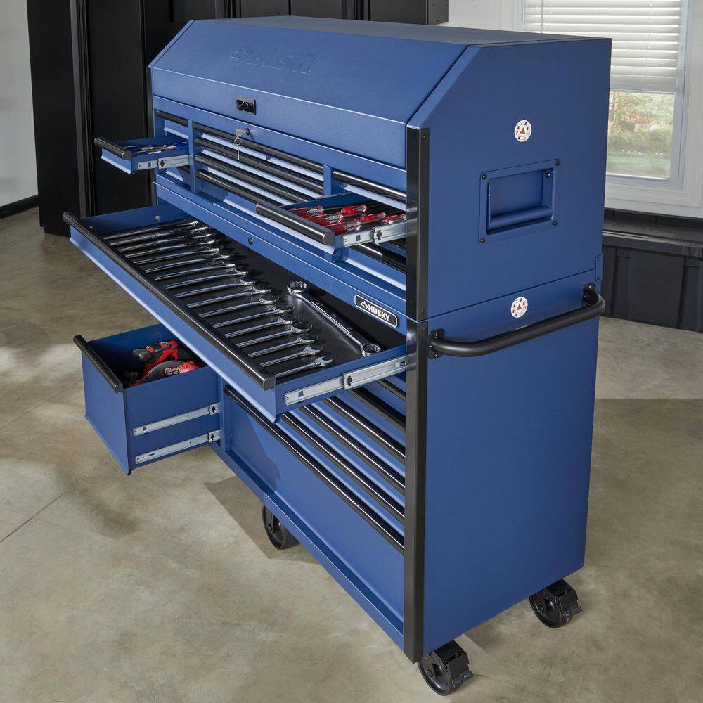 Husky 56 in. W x 22 in. D Heavy Duty 23-Drawer Combination Rolling Tool Chest and Top Tool Cabinet Set in Matte Blue