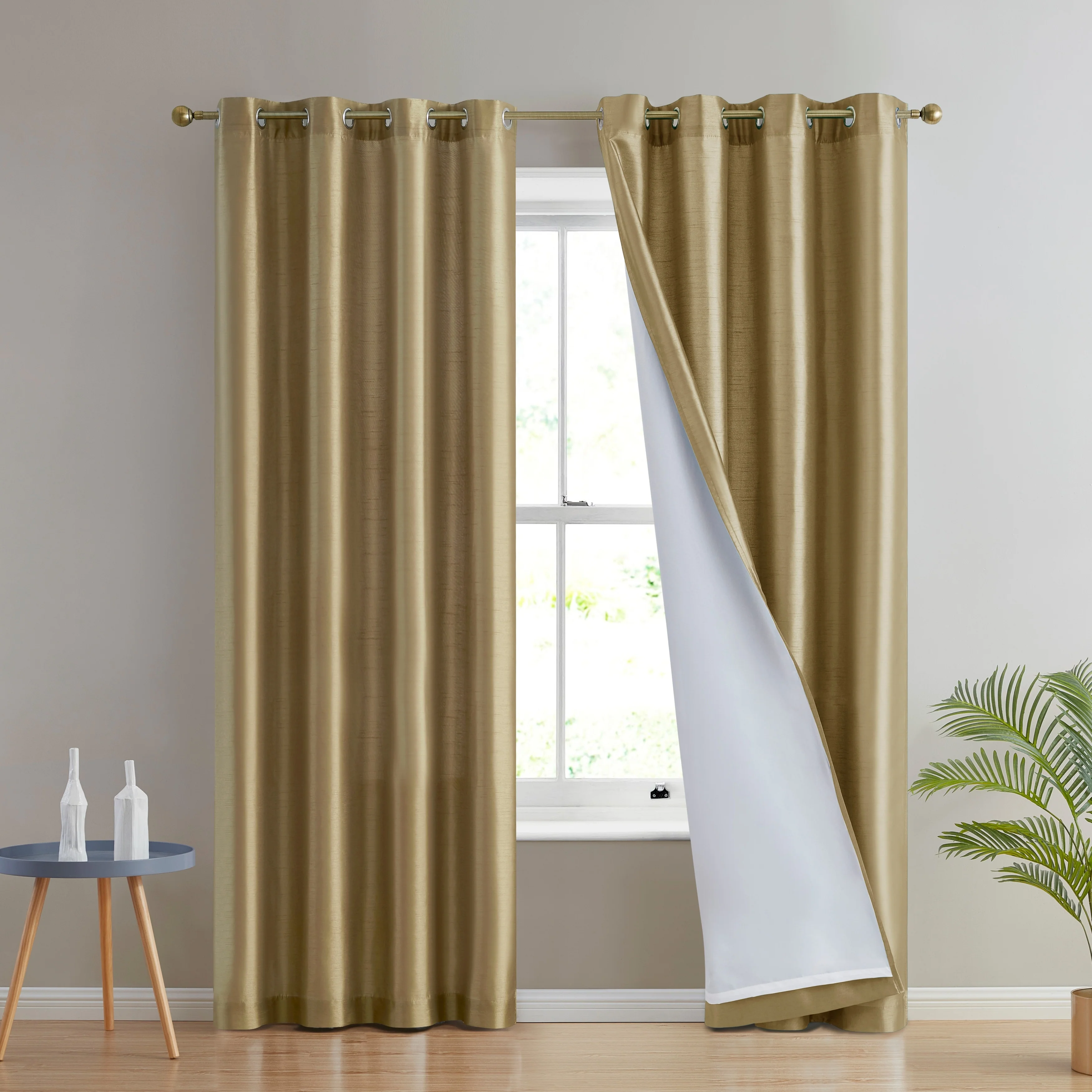HLC.me Jefferson Faux Silk Semi Sheer Light Filtering Lined Grommet Window Curtain Bedroom, 2 Panels