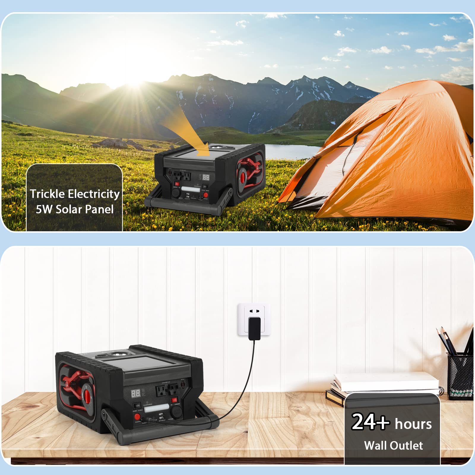 2026 Solar Portable Power Station 2000 Amps Jump Starter, 260 PSI Air Compressor, 12V Car Battery Charger with 400W Inverter Dual AC/DC/USB Output, Emergency Backup Power with Flashlights