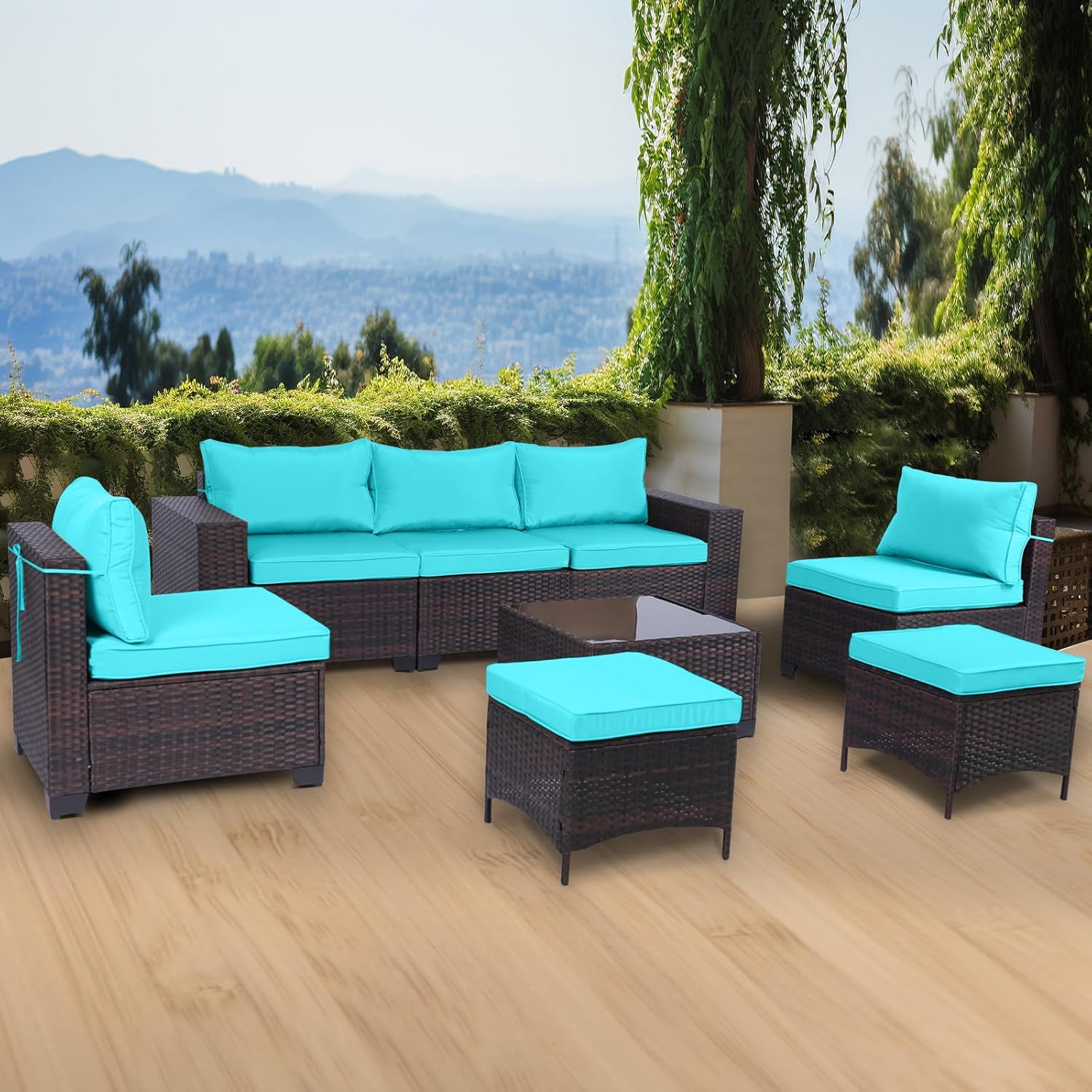 7 Pieces Rattan Patio Furniture Set with Tea Table