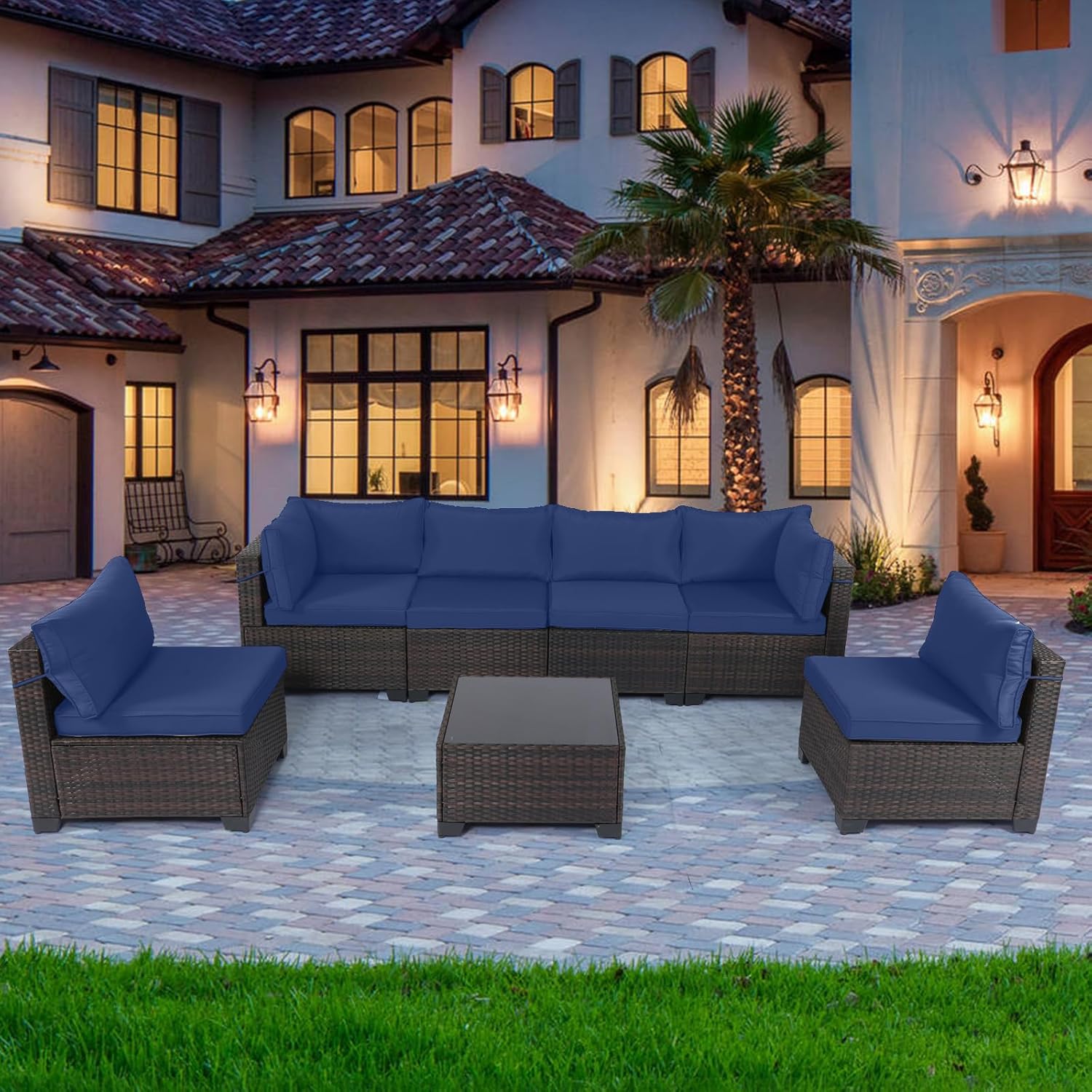 7 Pieces Rattan Patio Furniture Set with Tea Table