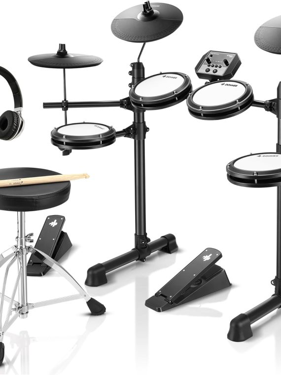 Electronic Drum Set with 4 Quiet Mesh Pads, 180+ Sounds, 2 Pedals, Throne, Headphones, Sticks, and Melodics Lessons – DED-80