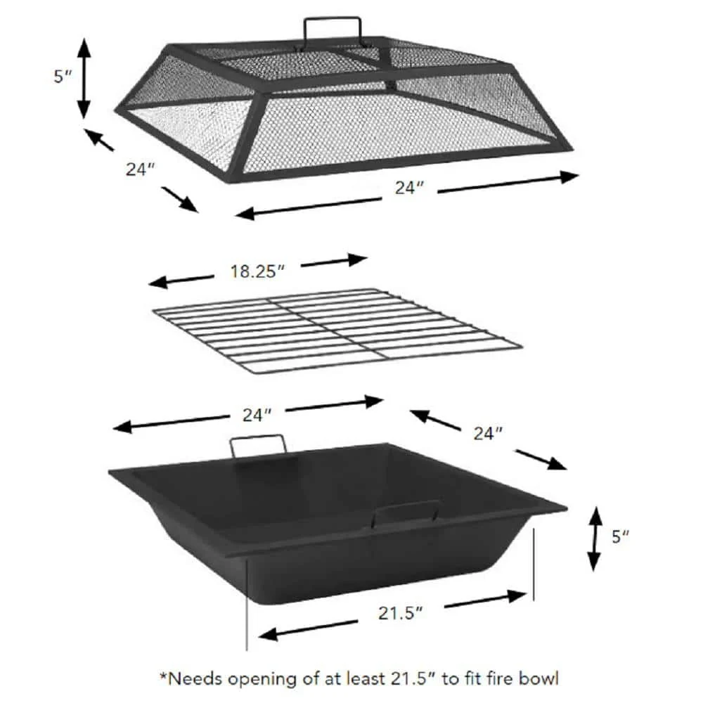Bay 24′′ Steel Fire Pit Insert Set with Mesh Cover, 3-Piece Replacement Kit