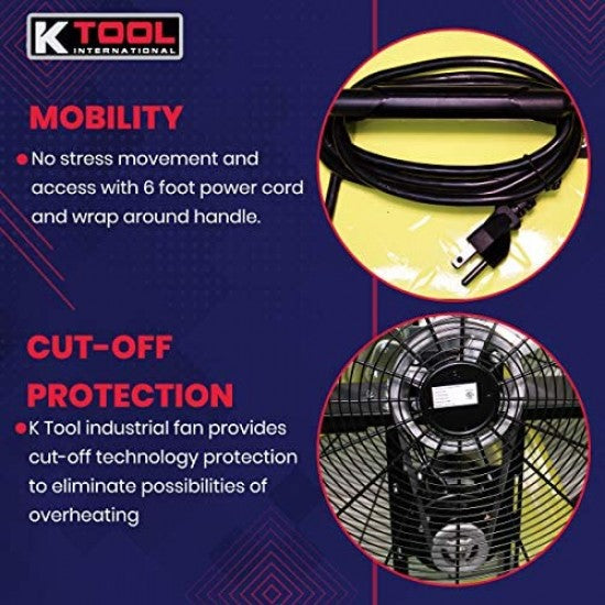 2026 K Tool International 42′′ Belt Drive Drum Fan; Industrial, Garage, Shop, High Speed 2-Speed, Durable, Cut-Off Protection, Easy Mobility Rubber Wheels; SAFETY YELLOW KTI77743