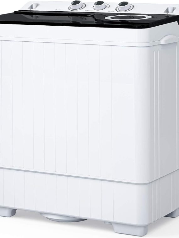 26lbs Compact Twin Tub Portable Washing Machine, Mini Washer(18lbs) & Spiner(8lbs) / Built-in Drain Pump/Semi-Automatic for Camping, Apartments, Dorms & RV’s (Grey) – Black