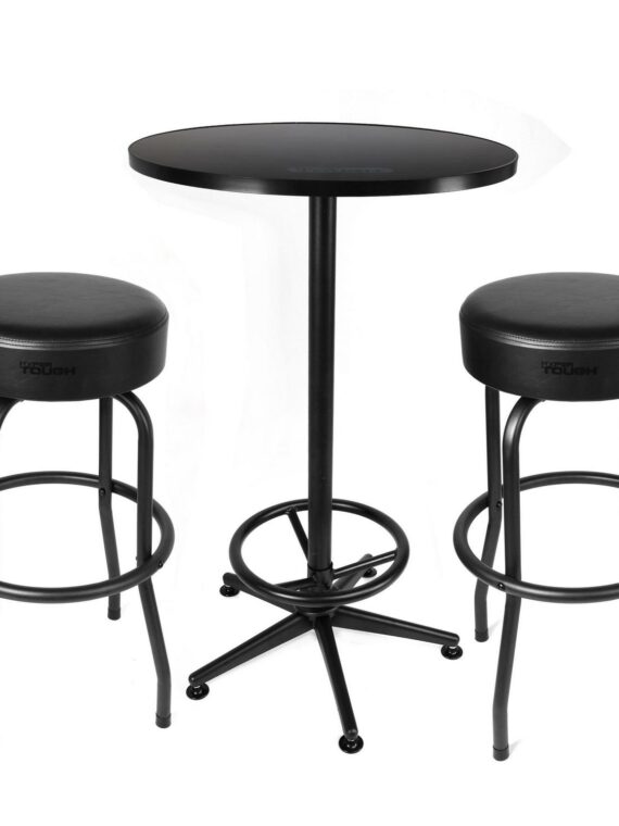 Hyper Tough 3-Piece Shop Table & Stool Set, Bar Height, Pub Table, Workbench, Steel, Black