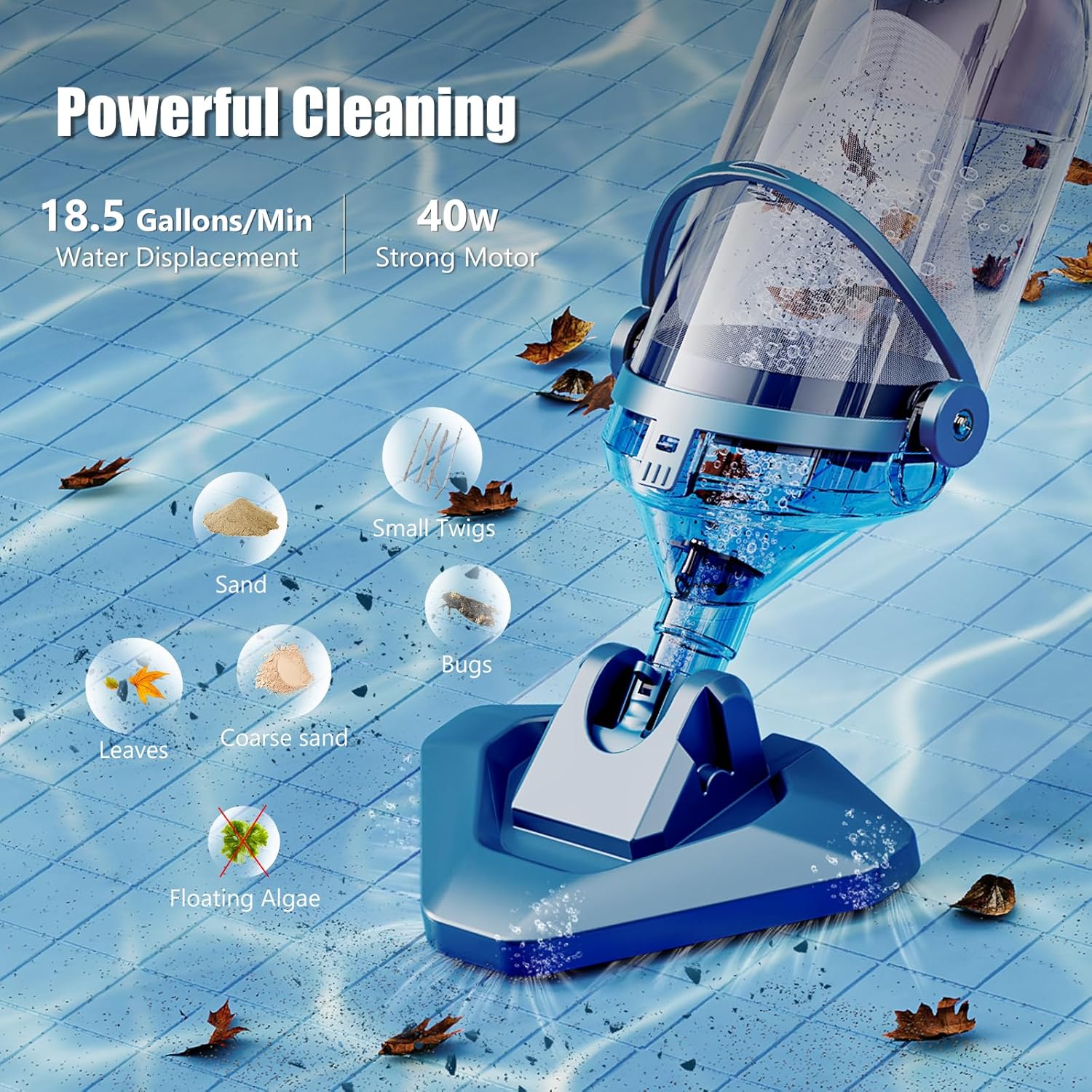 2026 Pool Vacuum for Above Ground Pool with a Telescopic Pole, Running time up to 1H, T403 Handheld Rechargeable Pool Cleaner with Powerful Suction up to 18.5 gallons/min, Ideal for Leaves, Debris