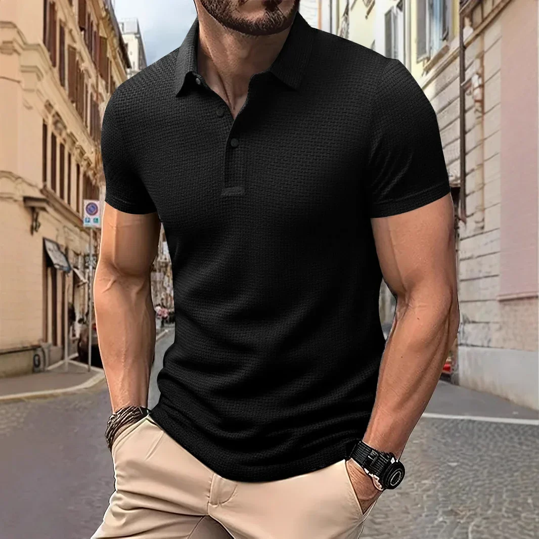 Men's Business Casual Short Sleeved Bone Flower Solid Color POLO Shirt Fashion Breathable Comfortable Summer Versatile Top