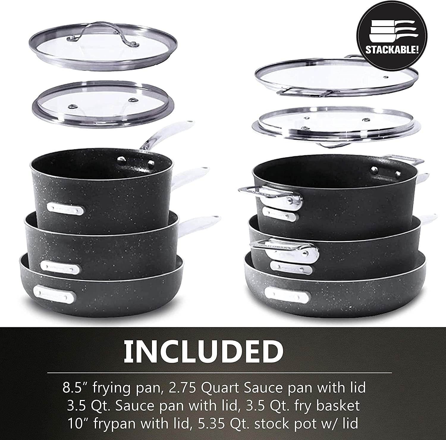 Granitestone Stackmaster Nonstick Pots and Pans Set, 10 Piece Complete Cookware Set, Stackable Design with Ultra Nonstick Mineral and Diamond Coating, Dishwasher and Oven Safe