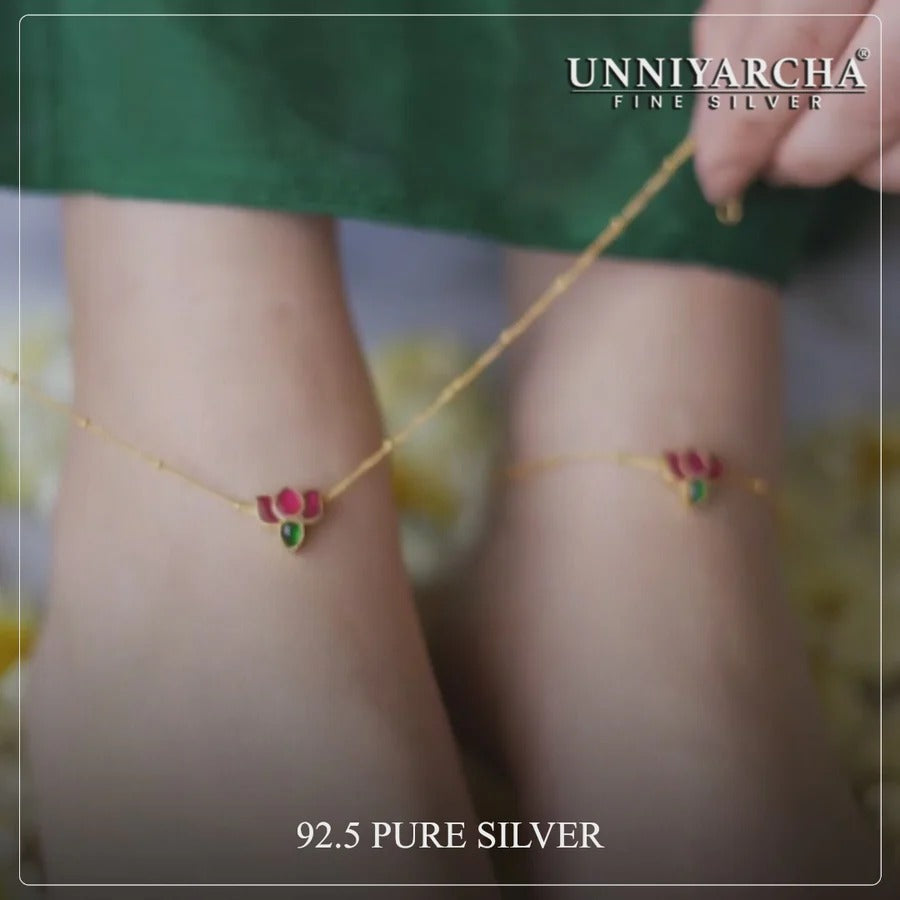 925 Sterling Silver Kundan Lotus Anklet ( Pair)