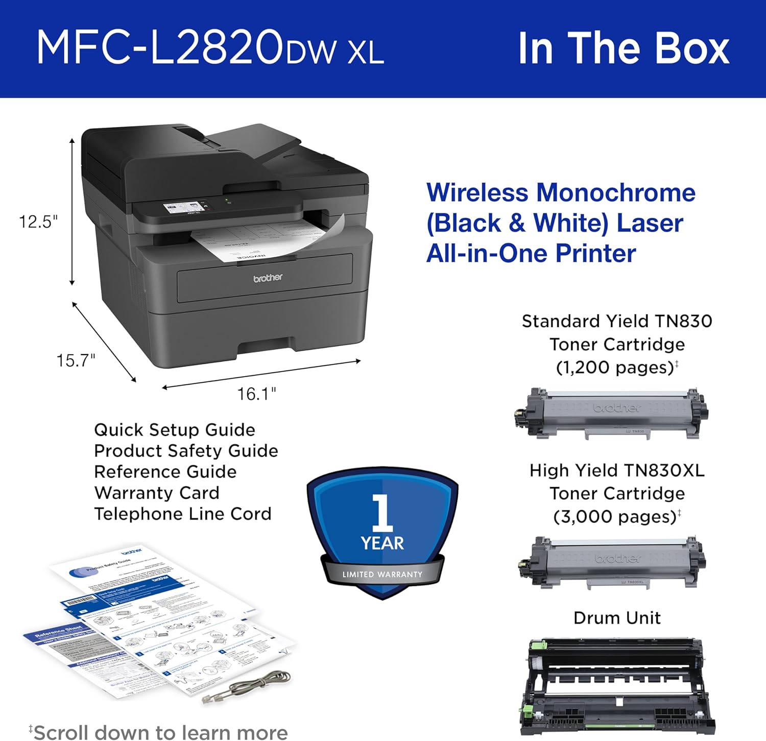 Mfc-L2820Dw Wireless Monochrome All-In-One Printer