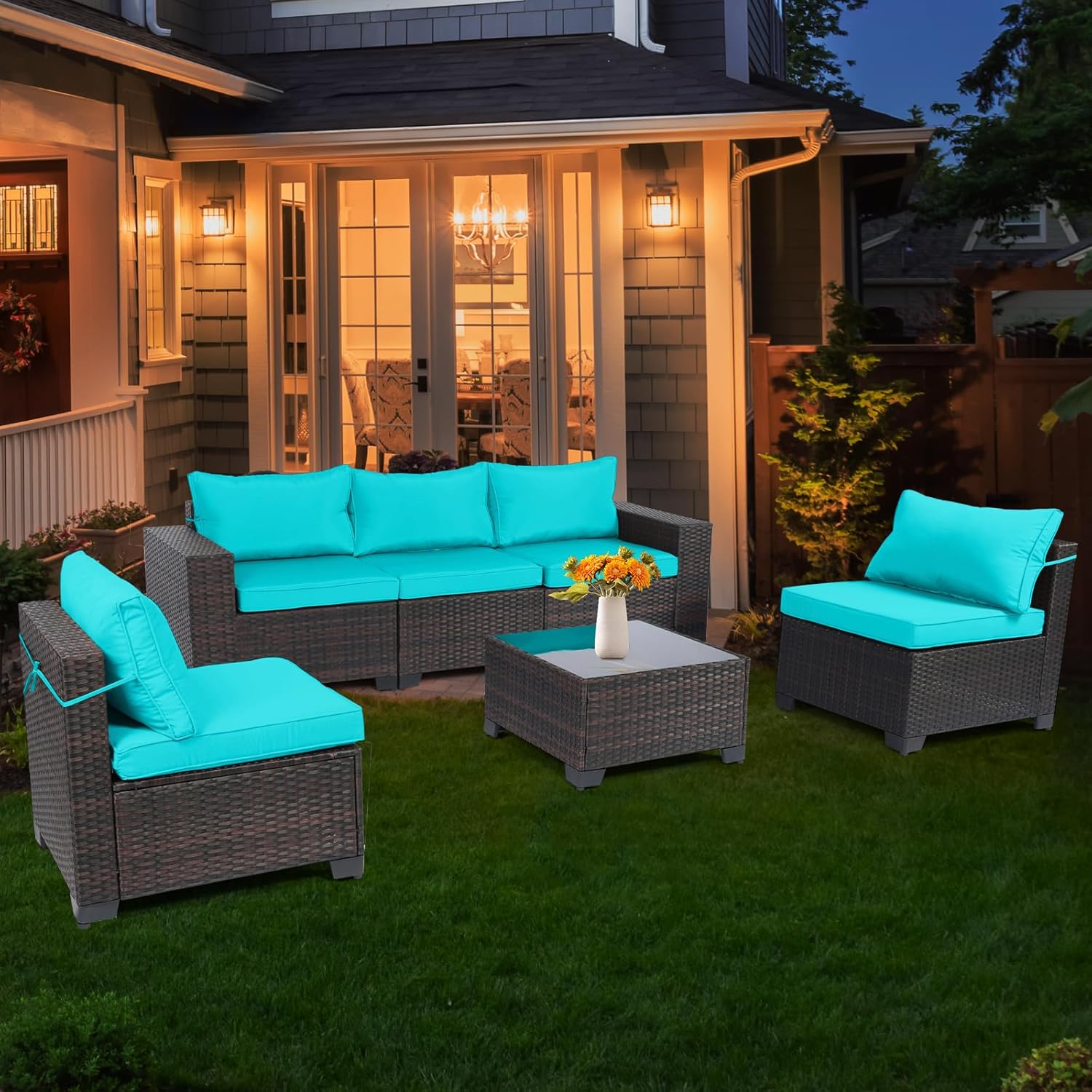 7 Pieces Rattan Patio Furniture Set with Tea Table