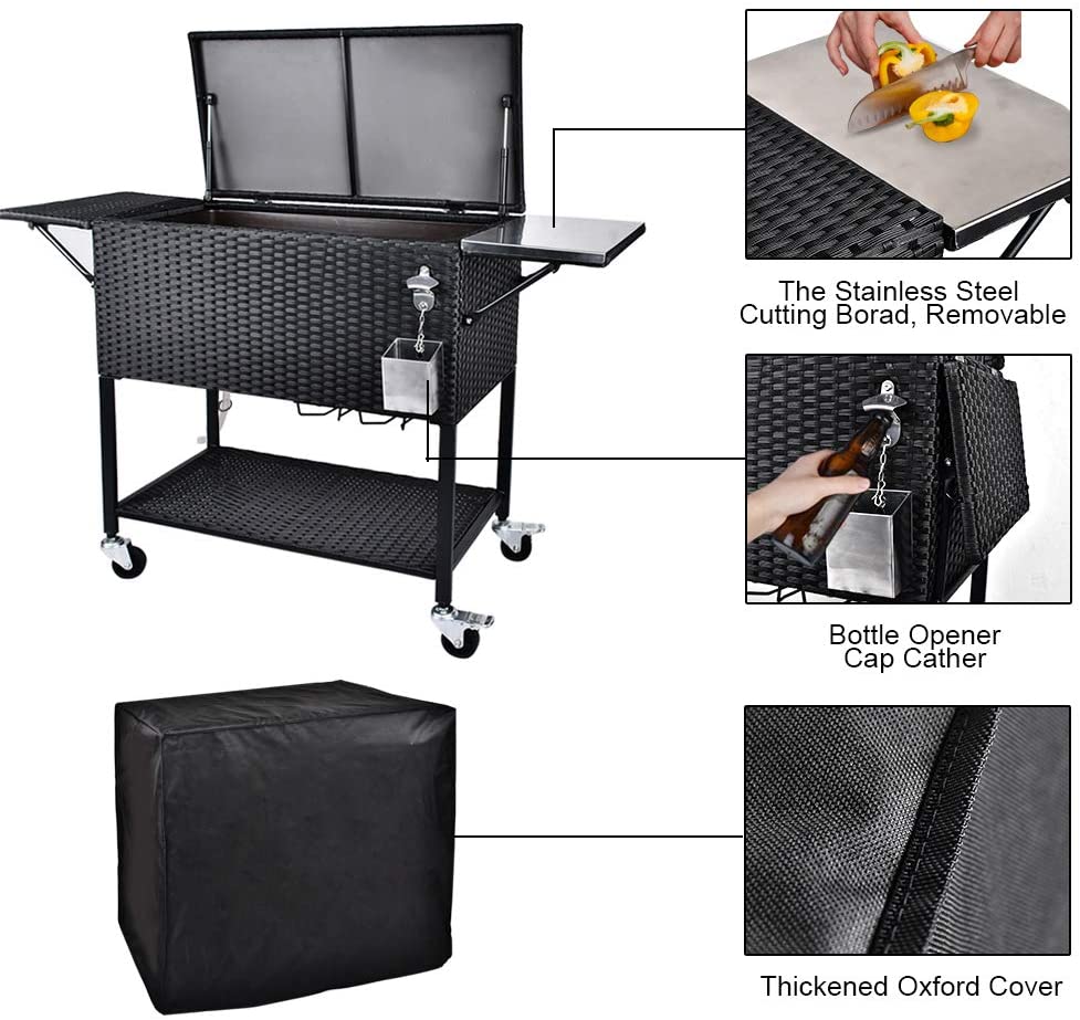 2026 80 Quart Rattan Rolling Cooler Cart, Portable Wicker Cooler Trolley, Backyard Party Drink Beverage Bar