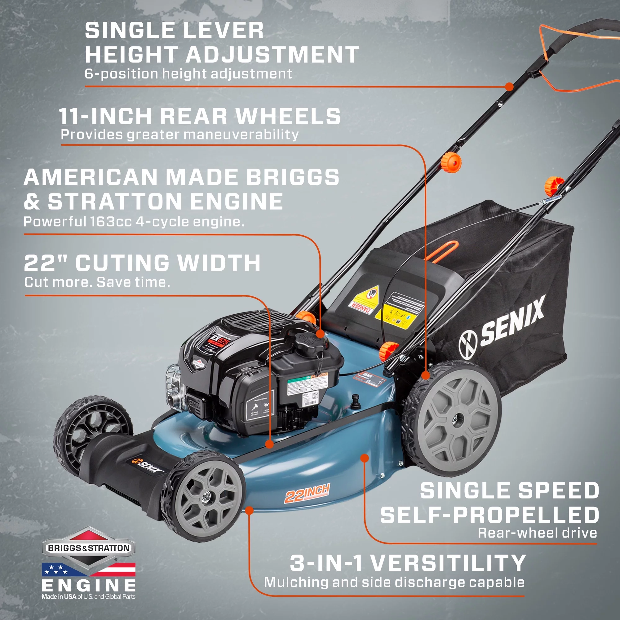 2026 SENIX 22-Inch 163 cc 4-Cycle Gas Powered RWD Self-Propelled Lawn Mower, 3-In-1, 1-Step Start Auto Choke, Single Lever Height Adjustment, 11-In Rear Wheels, LSSG-H1