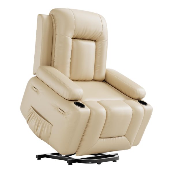 2026 PU Leather Power Lift Recliner Chair With Massage and Heat, Adjustable Furniture for Back, Legs w/ 3 Positions, Usb Port, Side Pocket (Beige, 27 Seat Width+Cup Holders)