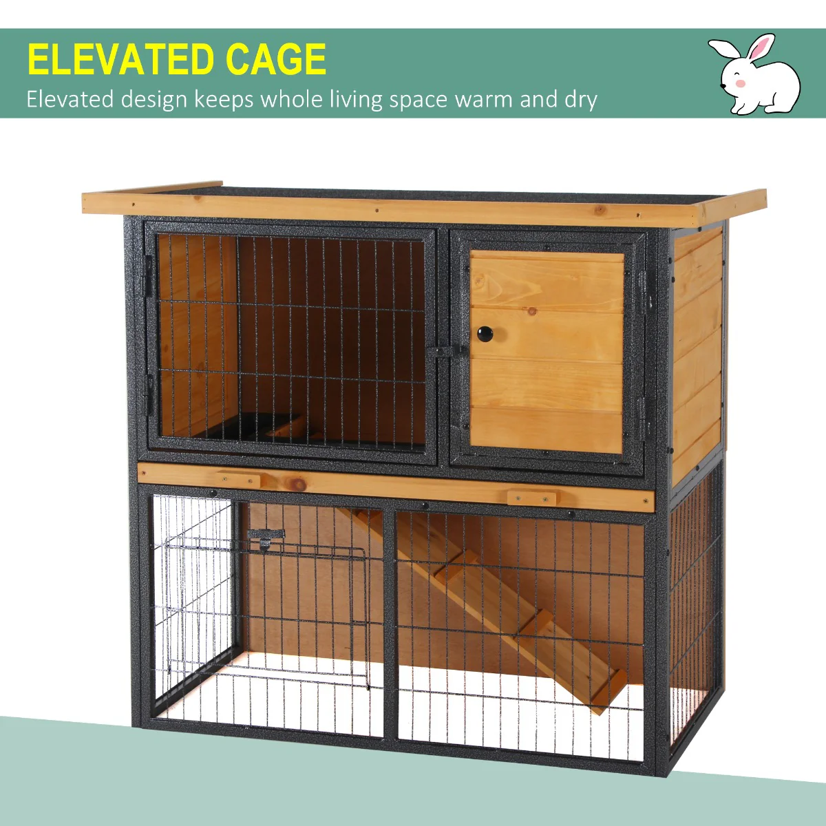 Pawhut Rabbit Hutch Light Yellow & Black for 2-4 Rabbits