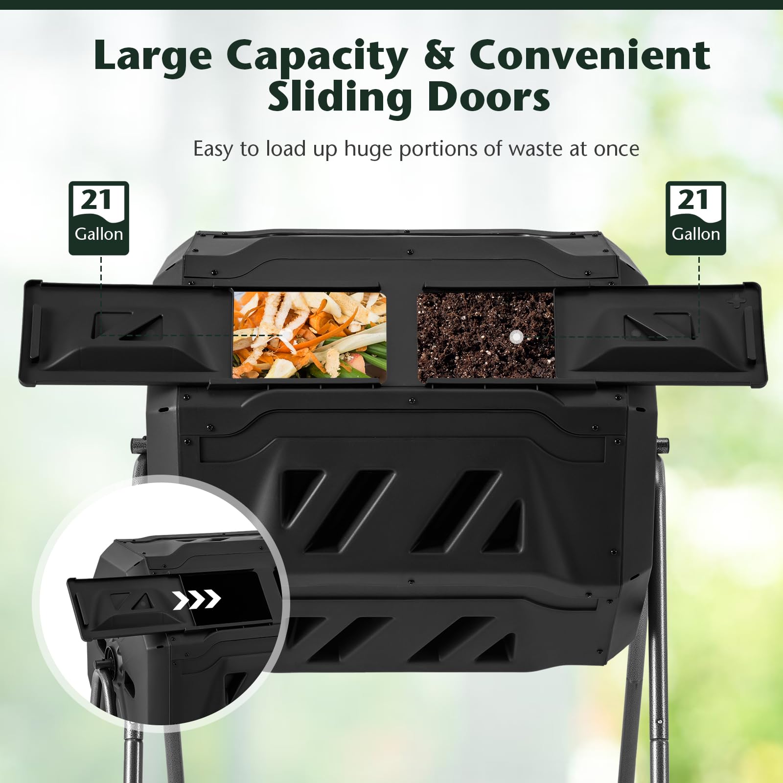 2025 Compost Bin, 42-Gal Dual Chamber Composting Tumbler w/2 Sliding Doors, Heavy-Duty Metal Frame