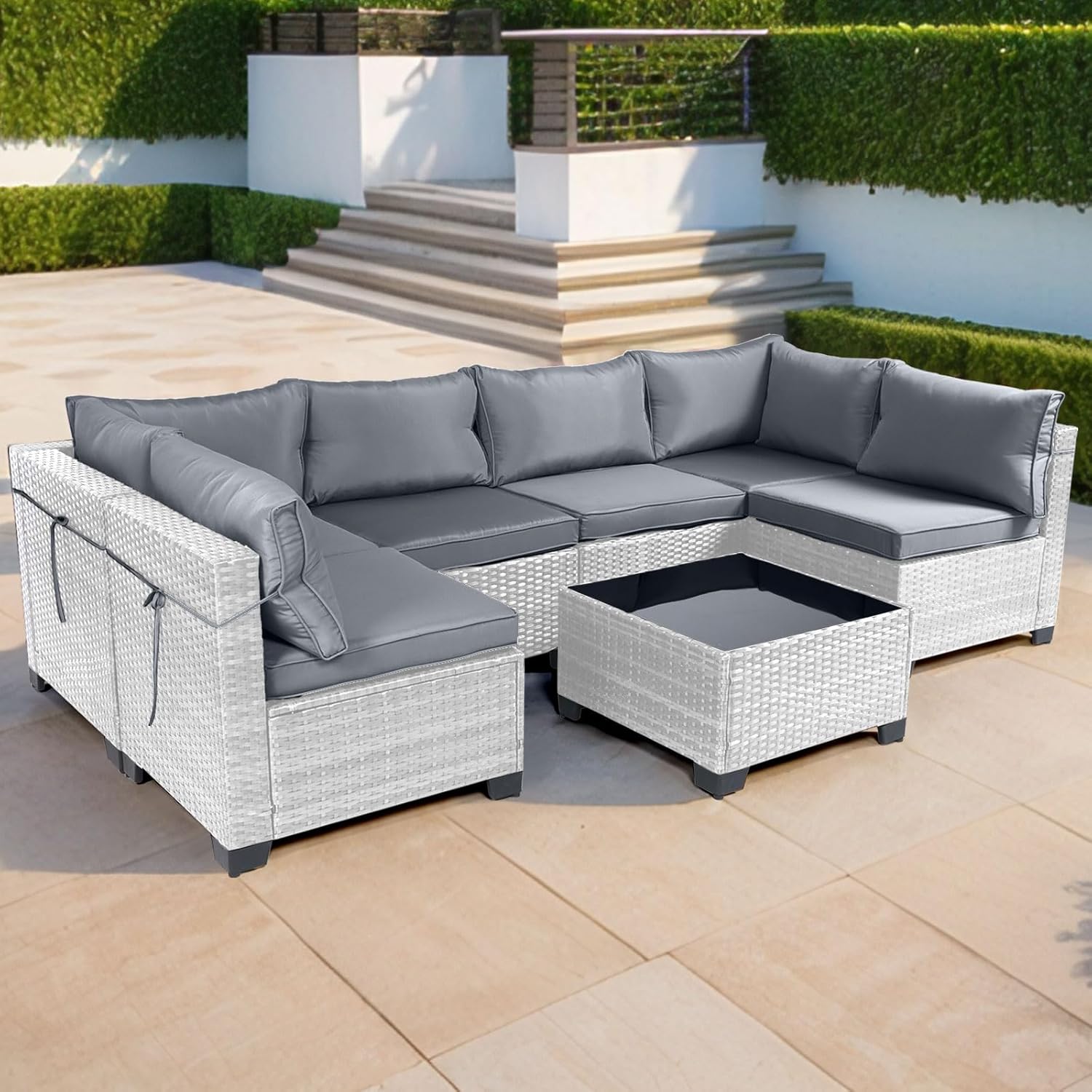 7 Pieces Rattan Patio Furniture Set with Tea Table