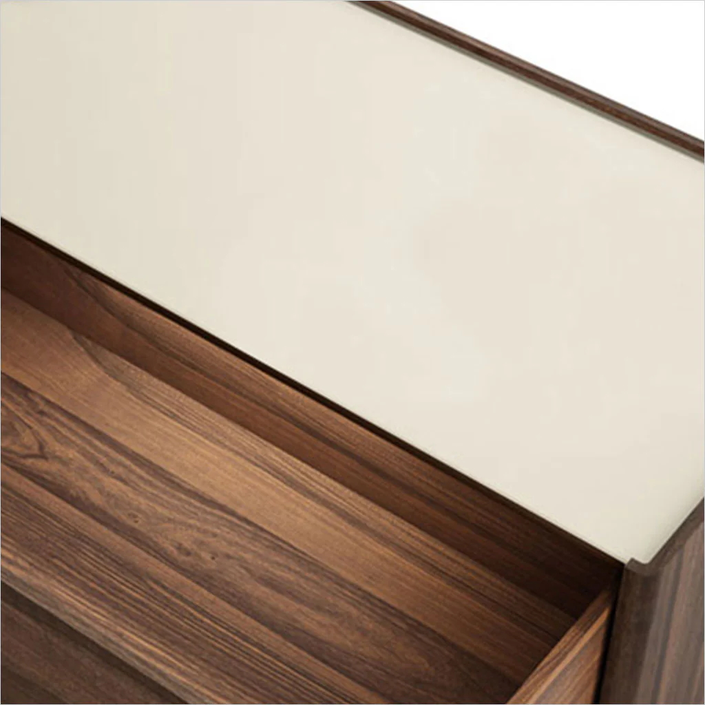 Regio Small Nightstand – Havana Walnut with Sand Glass Top and Wireless Charger