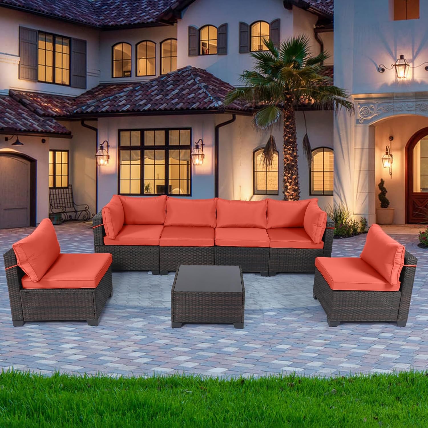 7 Pieces Rattan Patio Furniture Set with Tea Table