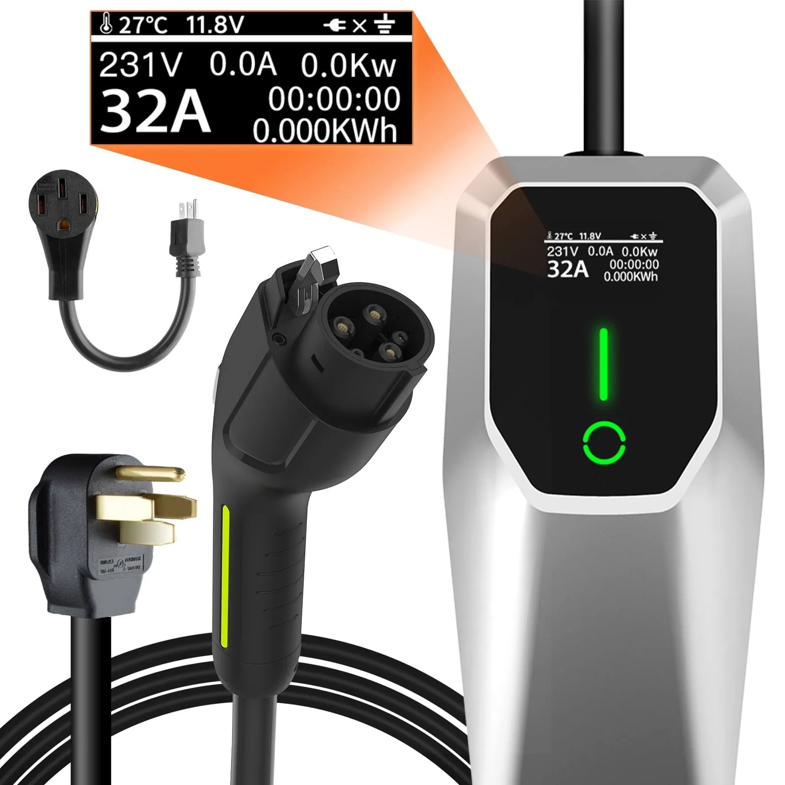 2026 32 Amp Level 1&2 Portable EV Charger ,26FT Cable NEMA 14-50 Plug for Electric Car Home Charging Station 7.68KW