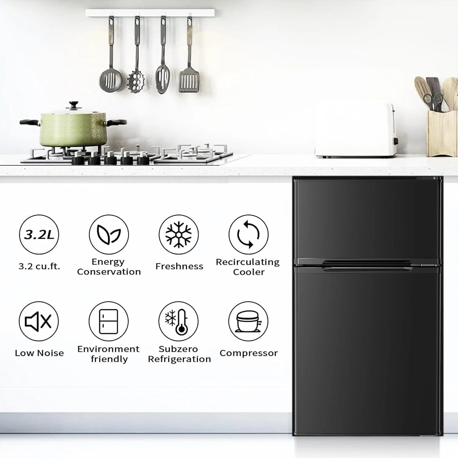 2026 Antarctic Star Compact Mini Refrigerator Separate Freezer, Small Fridge Double 2-Door Adjustable Removable Retro Stainless Steel Shelves Living room/Kitchen/Dorm/Office 3.2 cu ft.Green