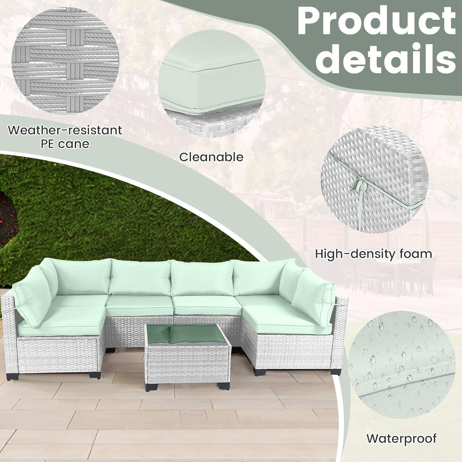 7 Pieces Rattan Patio Furniture Set with Tea Table