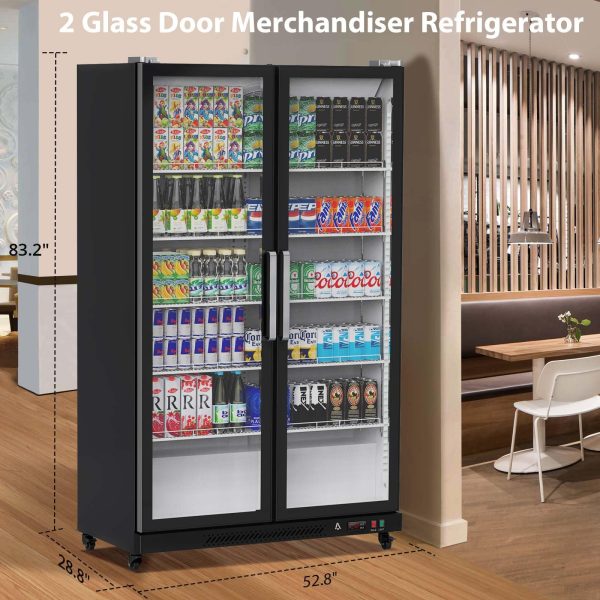 2026 Commercial Refrigerator, Glass Door with LED Lighting – Upright Beverage Display Cooler for Home, Store, Gym, or Office, Featuring Double Swing Doors and 39 cu.ft