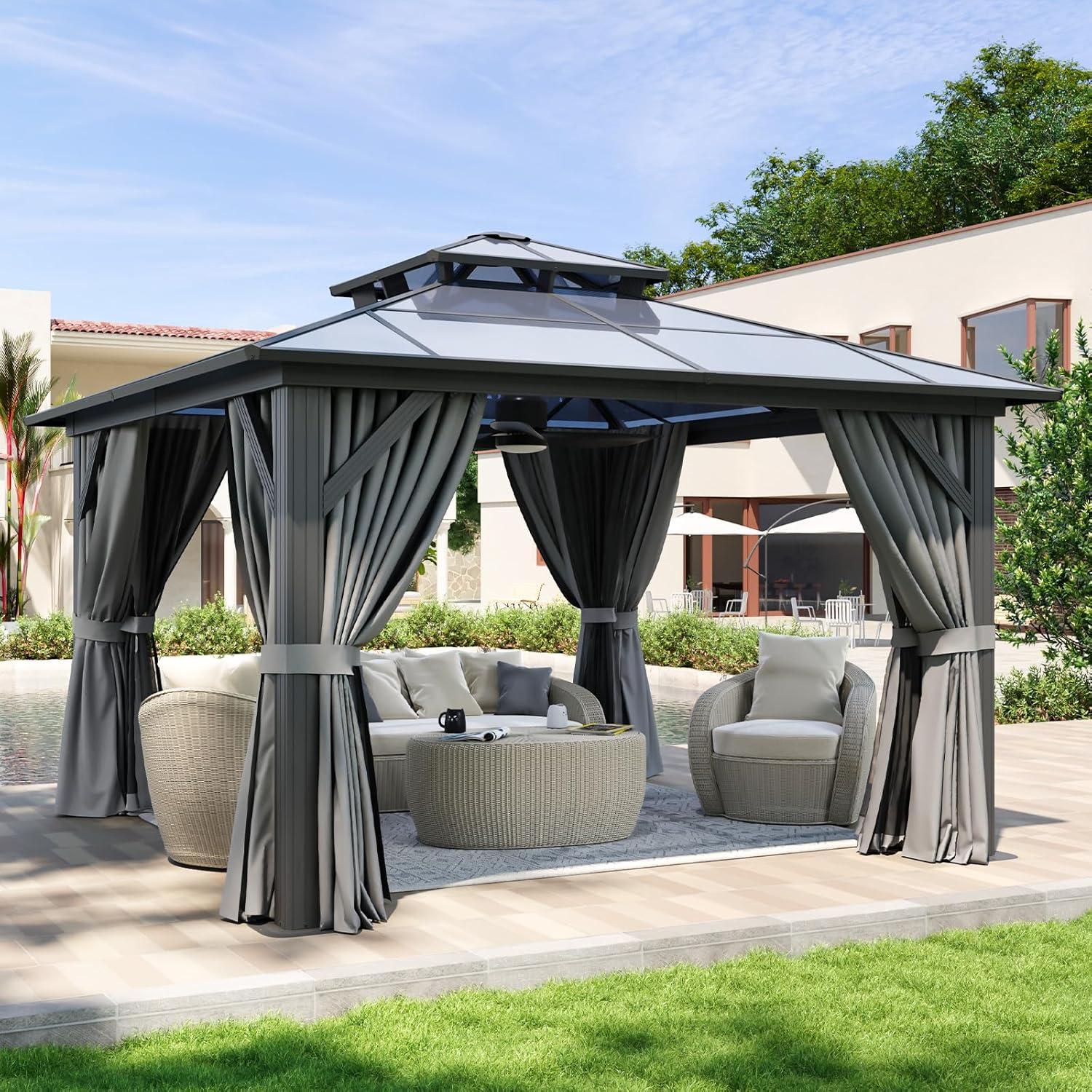 12’X10′ Hardtop Gazebo with Curtains and Netting