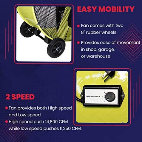2026 K Tool International 42′′ Belt Drive Drum Fan; Industrial, Garage, Shop, High Speed 2-Speed, Durable, Cut-Off Protection, Easy Mobility Rubber Wheels; SAFETY YELLOW KTI77743