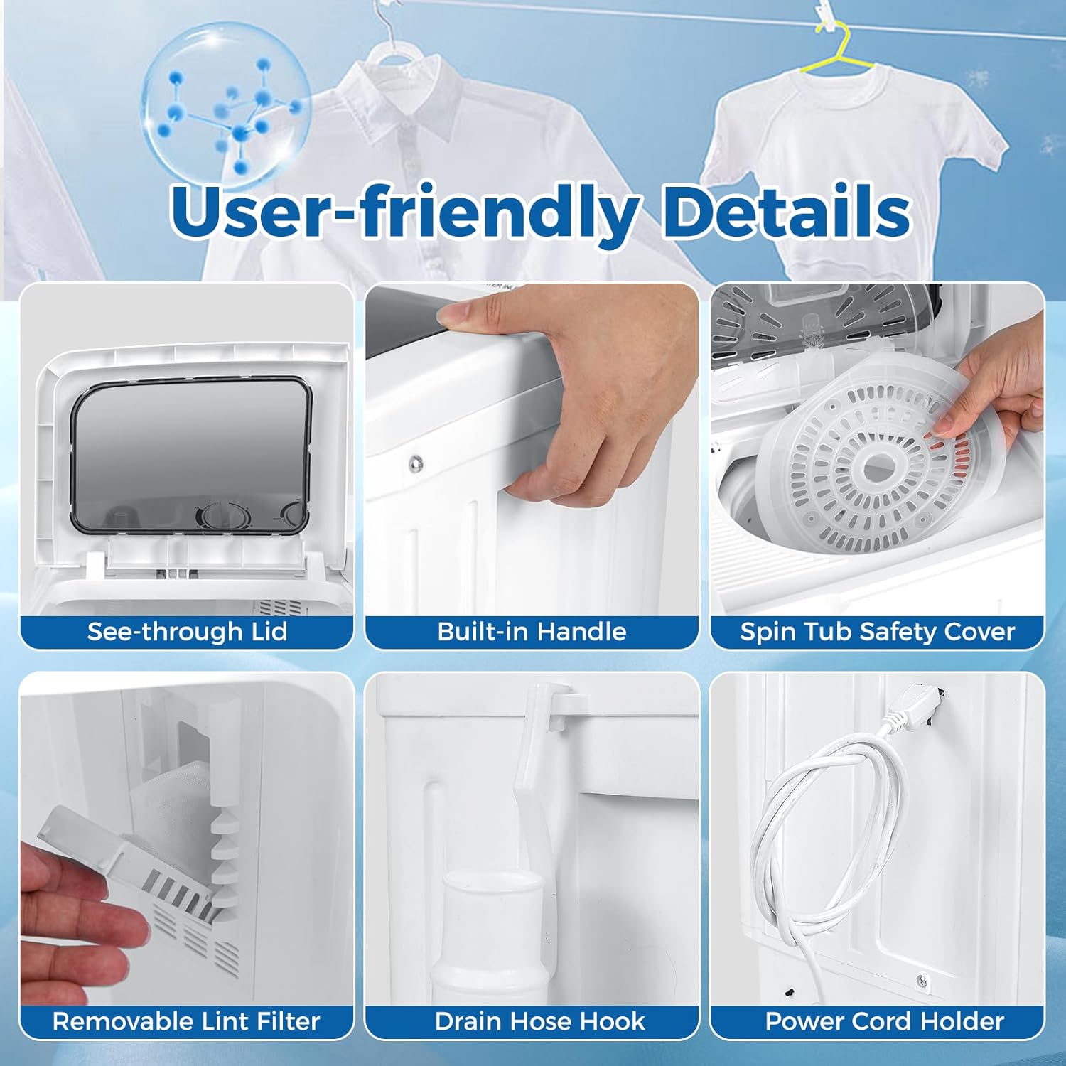 2026 Portable Washing Machine, Twin Tub 20 Lbs Capacity, Washer(12 Lbs) and Spinner(8 Lbs), Durable Design, Timer Control, Compact Laundry Washer for RV, Apartments and Dorms, Grey+White