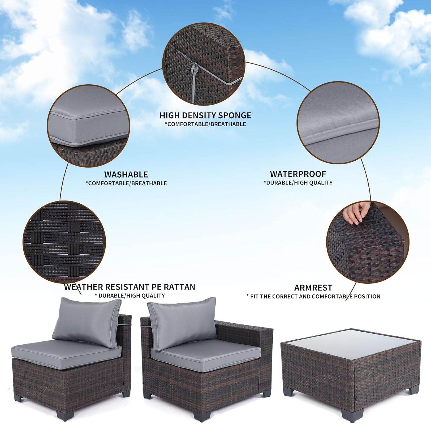 7 Pieces Rattan Patio Furniture Set with Tea Table